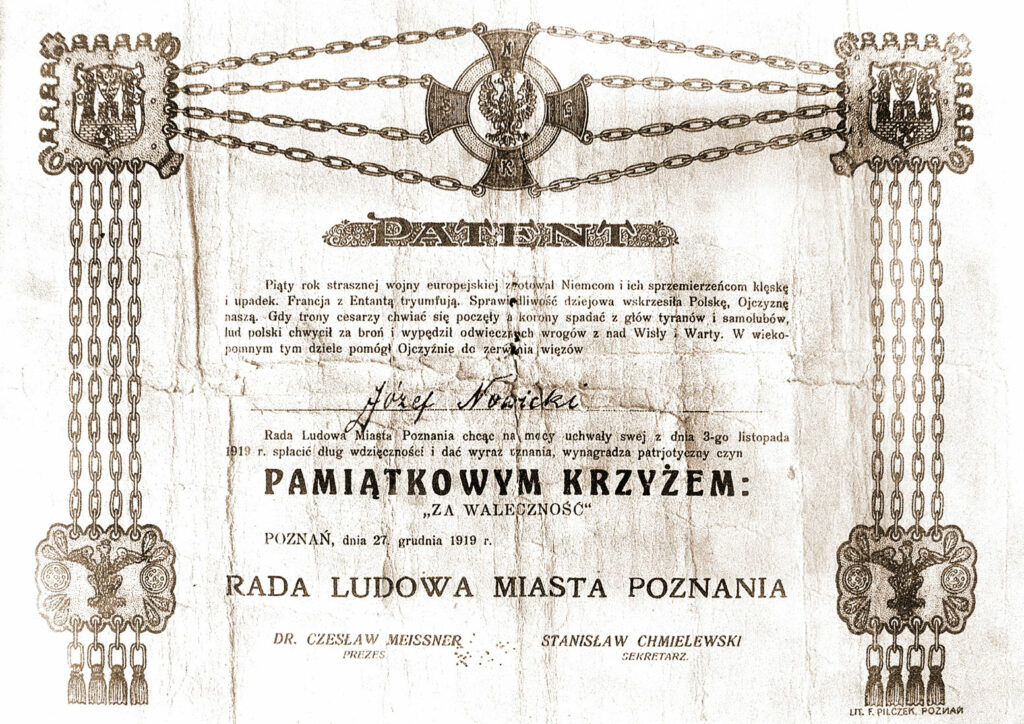 Patent poświadczający uczestnictwo w Powstaniu Wielkopolskim i zezwalający na używanie odznaki Wojsk Wielkopolskich.