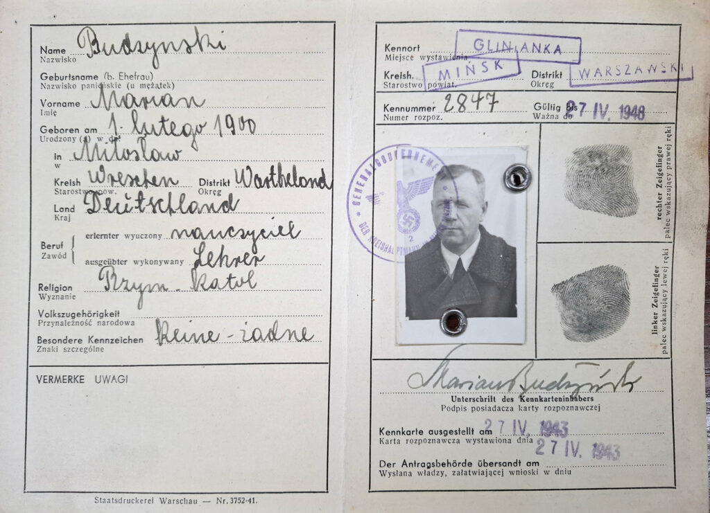 Marian Budzyński (źródło: Archiwum Państwowe w Poznaniu Oddział w Gnieźnie, Karty ewidencyjne mieszkańców powiatu wrzesińskiego z okresu II wojny światowej, sygn. 156, dokument udostępnił Jarosław Dominik Górski)