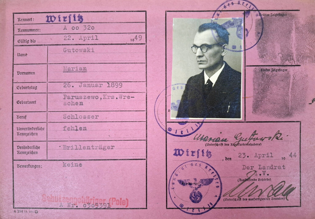 Marian Gutowski (źródło: Archiwum Państwowe w Poznaniu Oddział w Gnieźnie, Karty ewidencyjne mieszkańców powiatu wrzesińskiego z okresu II wojny światowej, sygn. 427, dokument udostępnił Jarosław Dominik Górski)