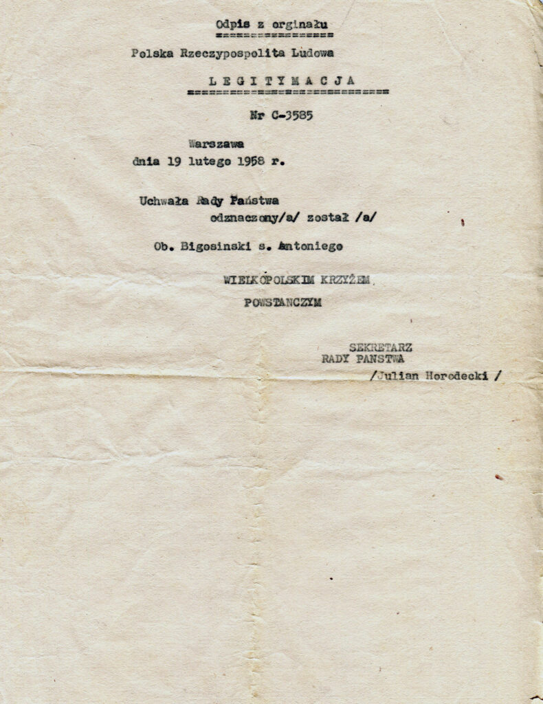 Franciszek Bigosiński
(dokument udostępnił Remigiusz Maćkowiak)