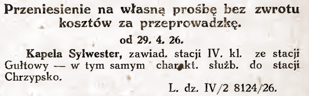 Sylwester Kapela - Dziennik Zarządzeń Dyrekcji Kolei Państwowych w Poznaniu nr 25 z 18.09.1926 r.