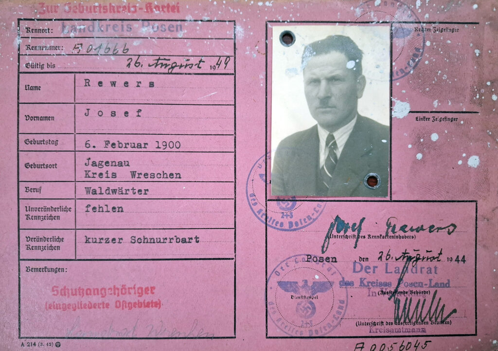 Józef Rewers (źródło: Archiwum Państwowe w Poznaniu Oddział w Gnieźnie, Karty ewidencyjne mieszkańców powiatu wrzesińskiego z okresu II wojny światowej, sygn. 1330, dokument udostępnił Jarosław Dominik Górski)