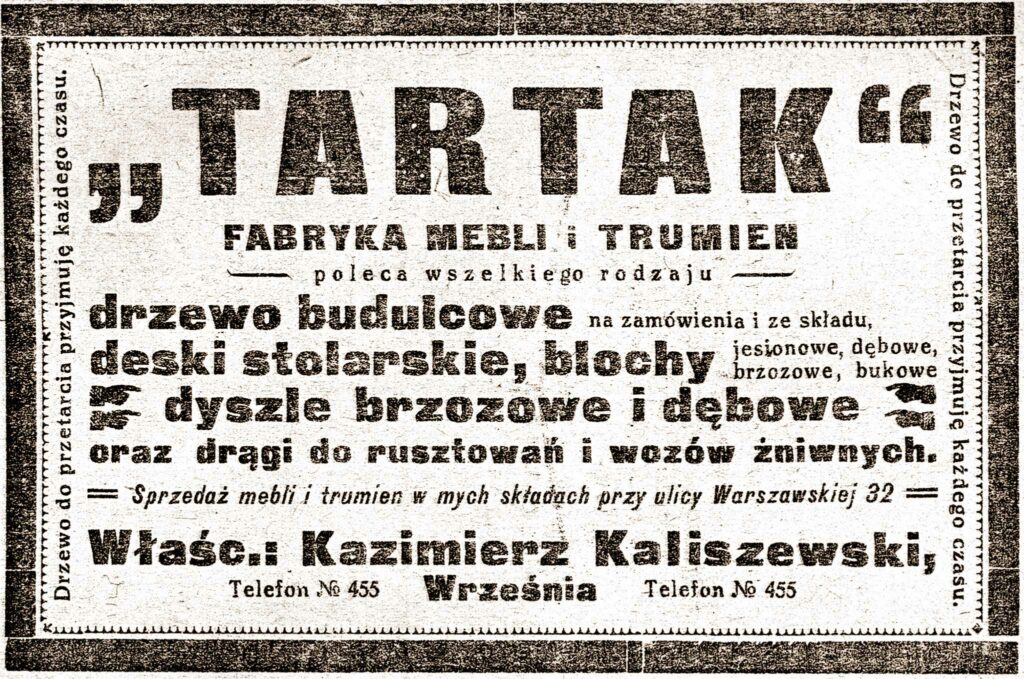 Kazimierz Kaliszewski - reklama z "Pamiętnika Towarzystwa Przemysłowego we Wrześni"