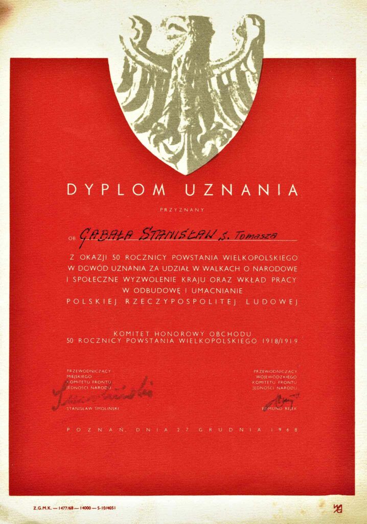 Stanisław Gabała - dyplom uznania w 50 rocznicę Powstania Wielkopolskiego (dokument udostępnił Michał Pawełczyk)
