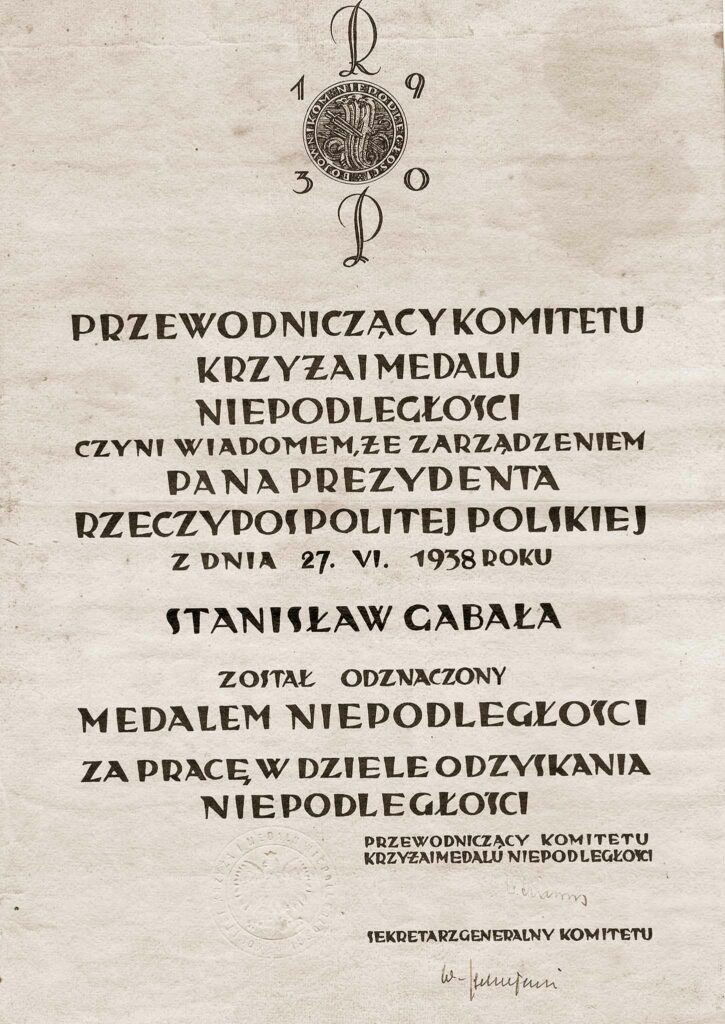 Stanisław Gabała -  dyplom nadania medalu. rok 1938  (dokument udostępnił Michał Pawełczyk)