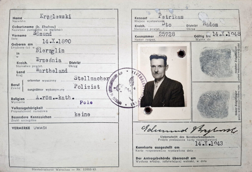 Edmund Kręglewski (źródło: Archiwum Państwowe w Poznaniu Oddział w Gnieźnie, Karty ewidencyjne mieszkańców powiatu wrzesińskiego z okresu II wojny światowej, sygn. 761, dokument udostępnił Jarosław Dominik Górski)