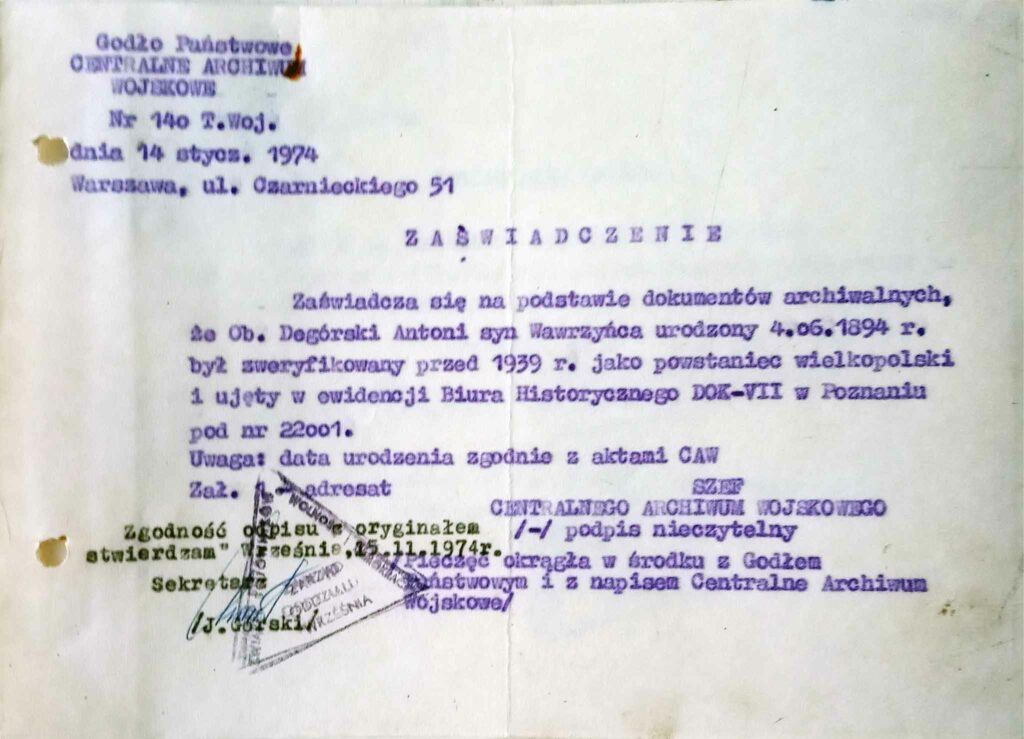 Antoni Degórski (dokument udostępnił Remigiusz Maćkowiak)