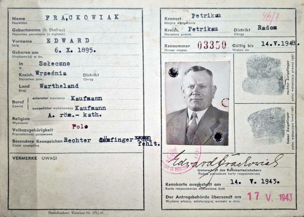 Edward Frąckowiak -  źródło: Archiwum Państwowe w Poznaniu Oddział w Gnieźnie, Karty ewidencyjne mieszkańców powiatu wrzesińskiego z okresu II wojny światowej, sygn. 306 (dokument udostępnił Jarosław Dominik Górski)