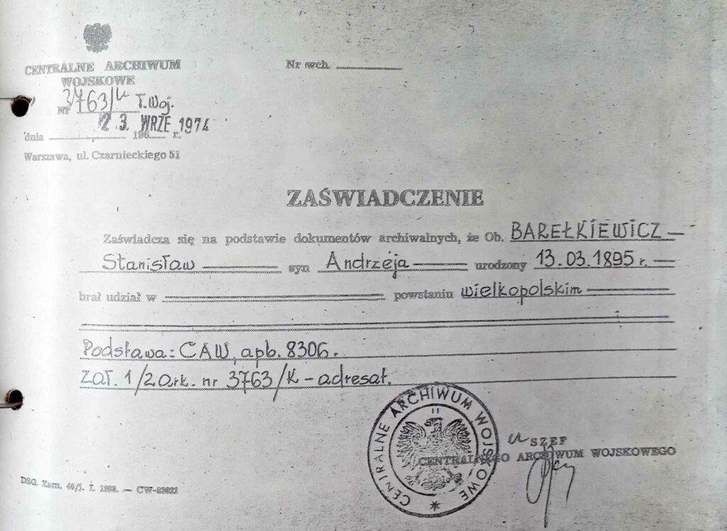 Stanisław Barełkiewicz (dokument udostępnił Remigiusz Maćkowiak)