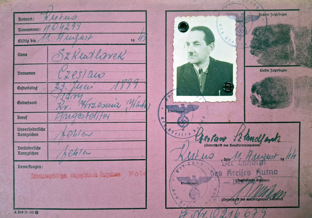 Czesław Szkudlarek (źródło: Archiwum Państwowe w Poznaniu Oddział w Gnieźnie, Karty ewidencyjne mieszkańców powiatu wrzesińskiego z okresu II wojny światowej, sygn. 1613, dokument udostępnił Jarosław Dominik Górski)