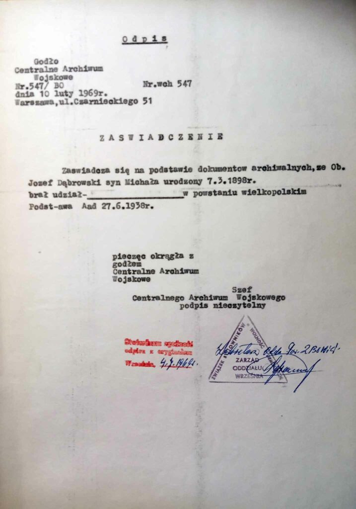 Józef Dąbrowski (dokument udostępnił Remigiusz Maćkowiak)