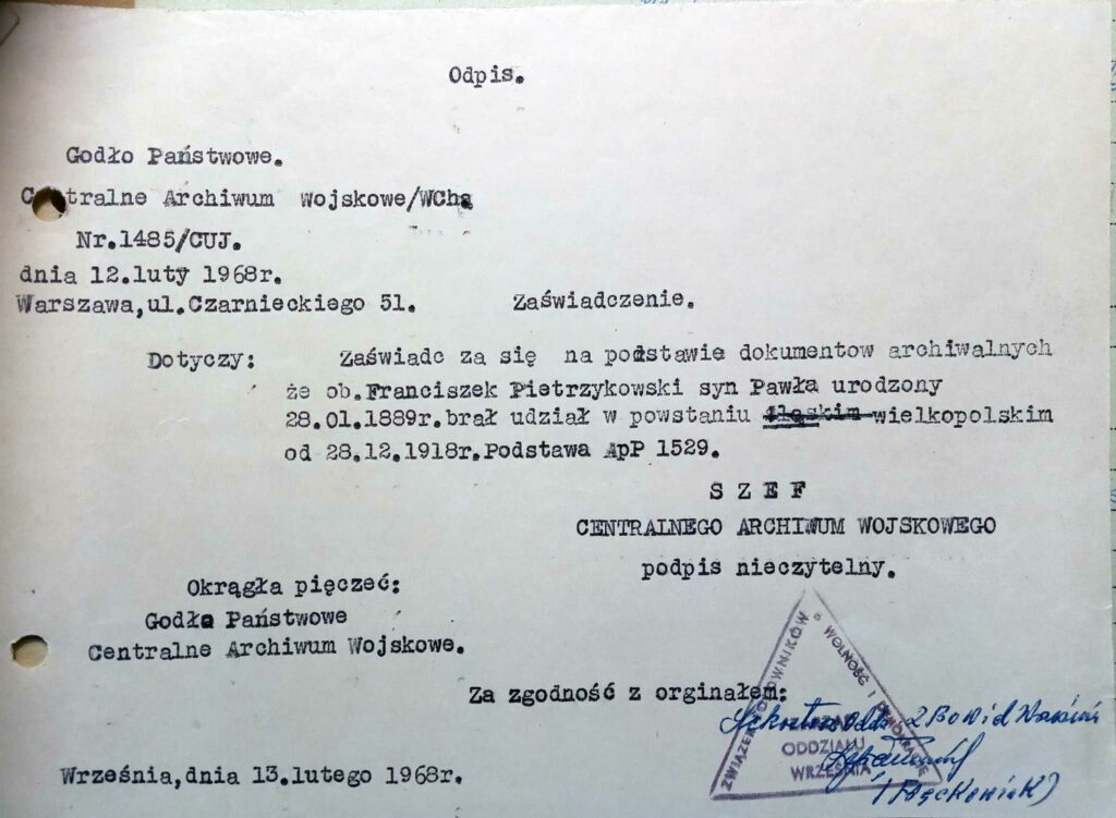 Franciszek Pietrzykowski (dokument udostępnił Remigiusz Maćkowiak)