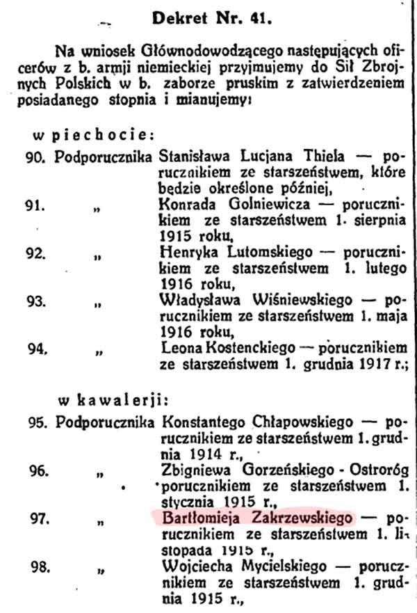 Bartłomiej Zakrzewski - Tygodnik Urzędowy nr 8 z 25.04.1919 rolu