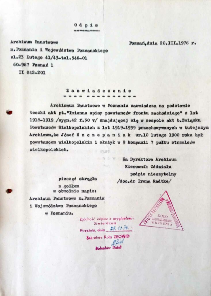 Józef Szczepaniak (dokument udostępnił Remigiusz Maćkowiak)