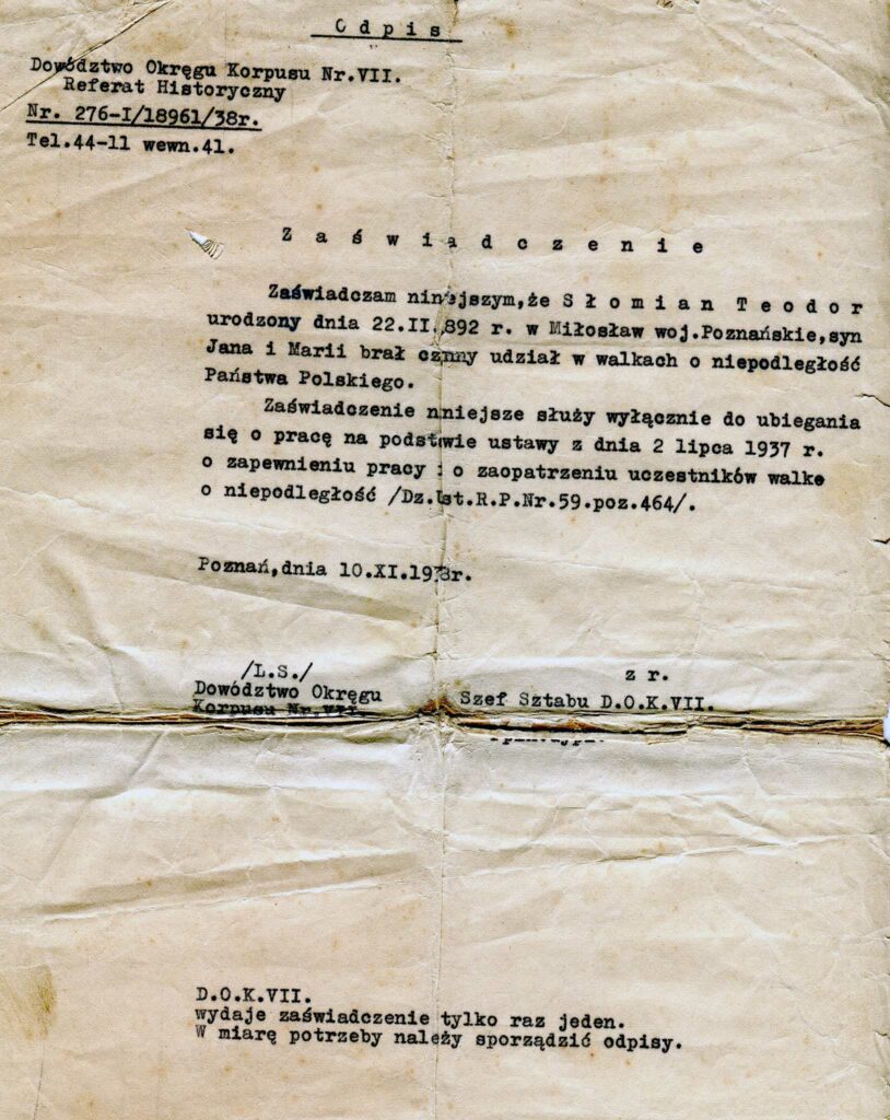 Teodor Słomian (dokument udostępnił Remigiusz Maćkowiak)