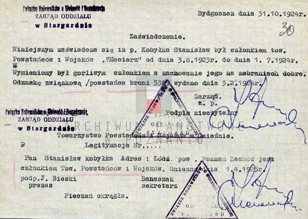 Stanisław Kobyłka - zaświadczenie o przynależności Stanisława Kobyłki do Towarzystwa Powstańców i Wojaków z 1924 r.