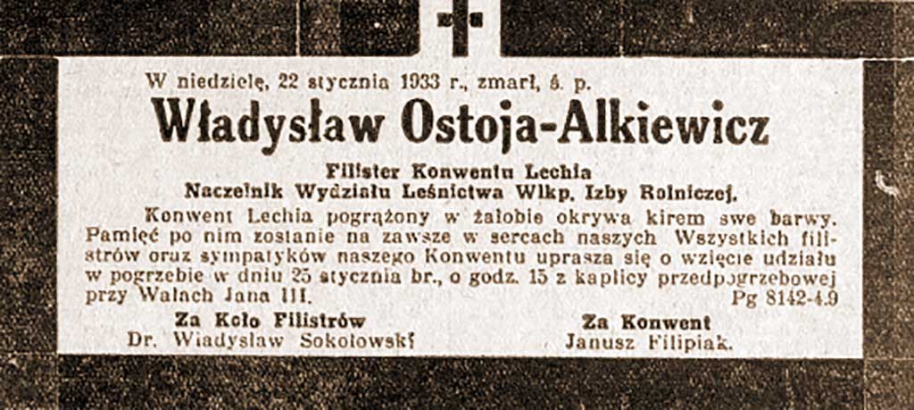 Władysław Alkiewicz - nekrolog - Kurier Poznański z 25.01.1933 roku nr 39 
