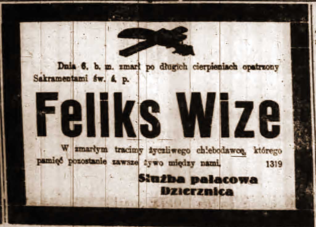 Feliks Wize - nekrolog z Dziennika Poznańskiego nr 33 z 10.02.1928