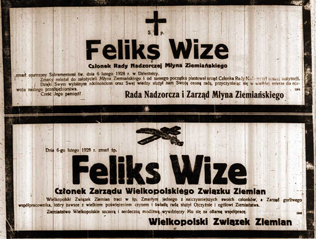 Feliks Wize - nekrolog z Dziennika Poznańskiego nr 33 z 10.02.1928