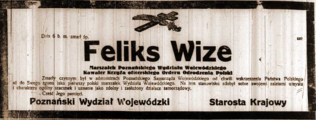 Feliks Wize - nekrolog z Dziennika Poznańskiego nr 32 z 9.02.1928