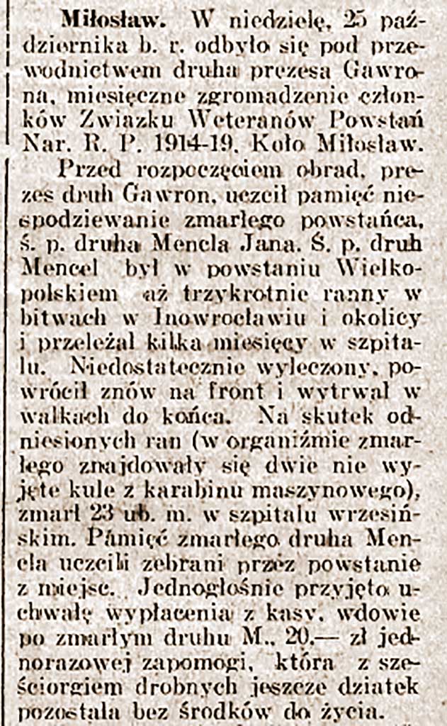 Jan Mencel -  Jutro:  organ Związku Weteranów Powstań Narodowych R.P. 1914-19 z 08.11.1936