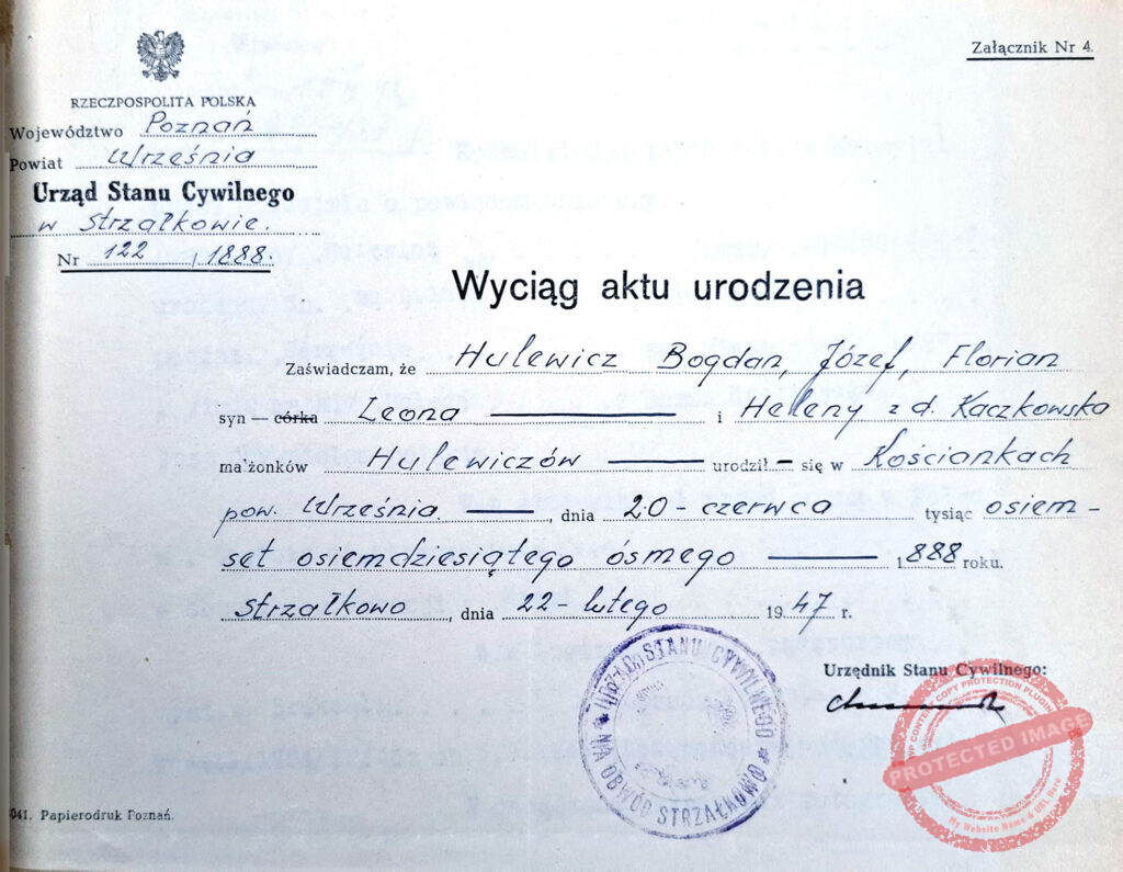 Bohdan Józef Florian Hulewicz (źródło: Archiwum Państwowe w Poznaniu Oddział w Gnieźnie, Starostwo Powiatowe we Wrześni, sygn. 25)