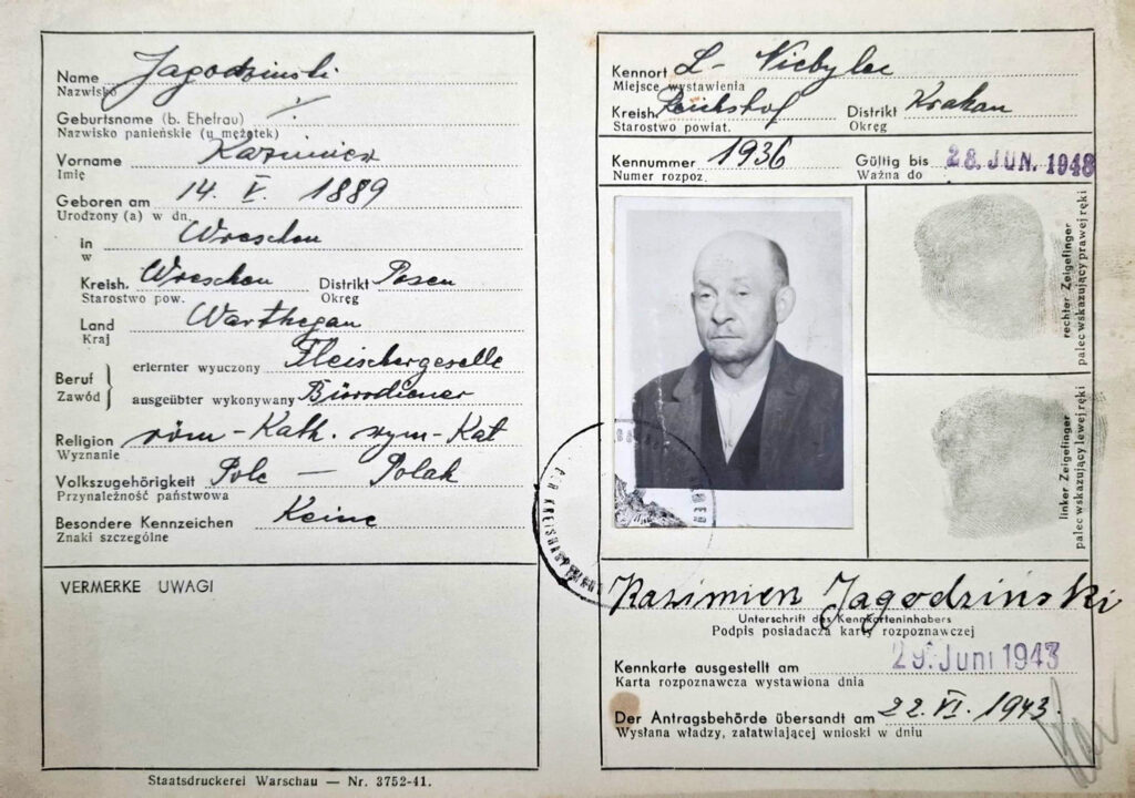 Kazimierz Jagodziński - źródło: Archiwum Państwowe w Poznaniu Oddział w Gnieźnie, Karty ewidencyjne mieszkańców powiatu wrzesińskiego z okresu II wojny światowej, sygn. 518 (dokument udostępnił Jarosław Dominik Górski)