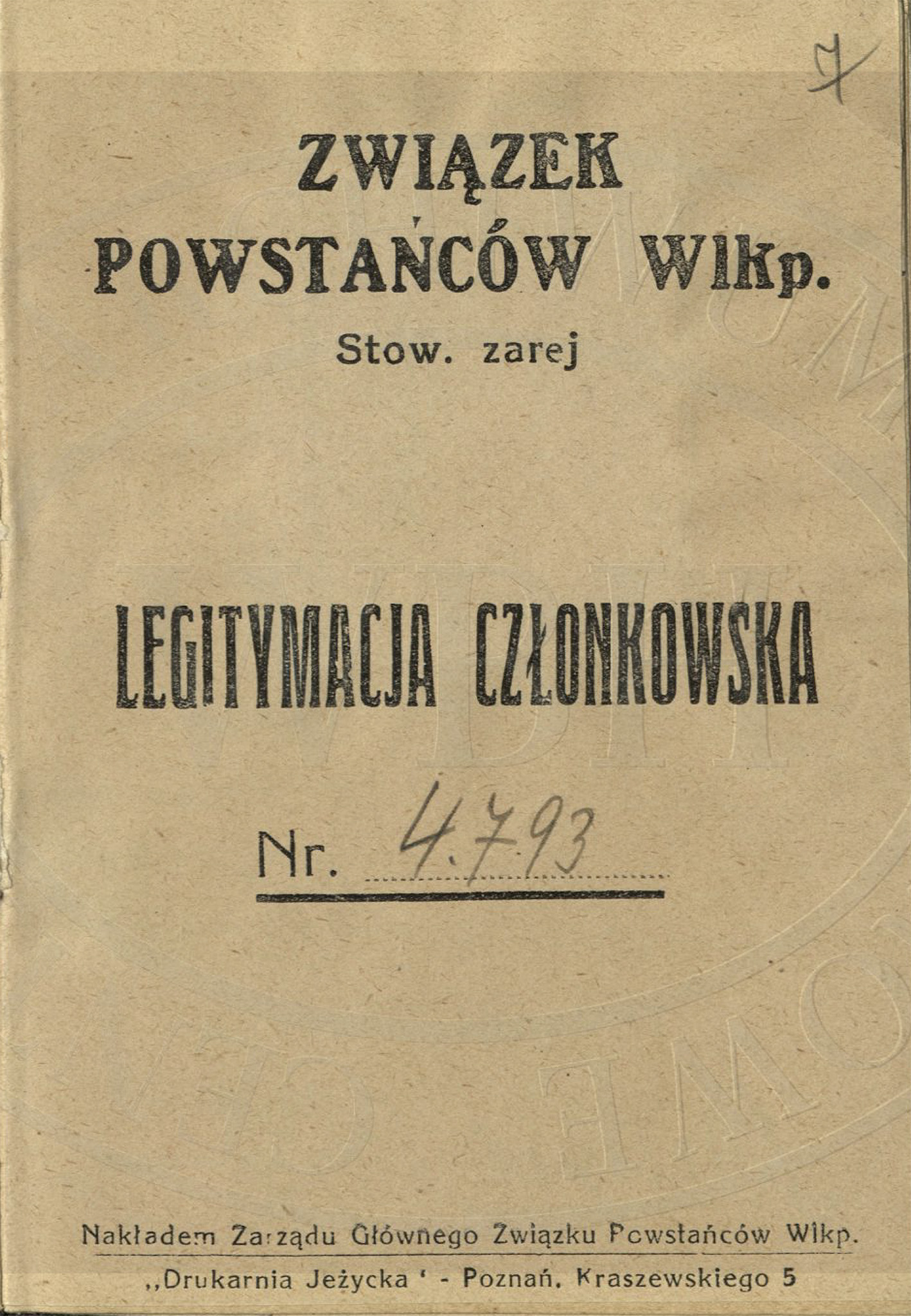 Wacław Dłużyński - książeczka Związku Powstańców Wielkopolskich