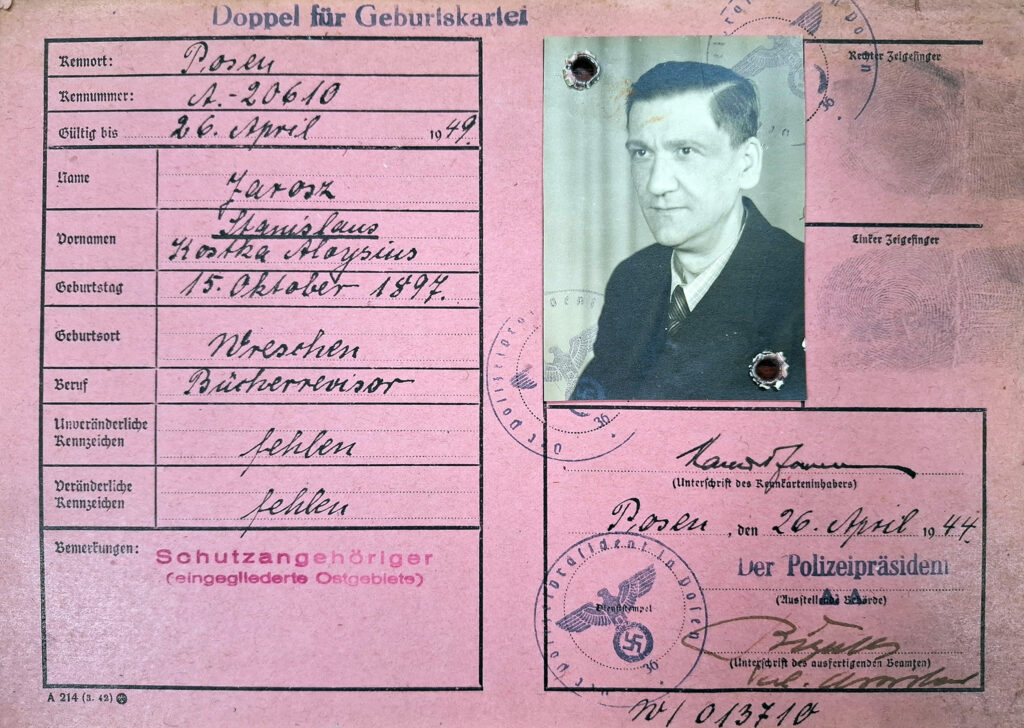 Stanisław Jarosz (źródło: Archiwum Państwowe w Poznaniu Oddział w Gnieźnie, Karty ewidencyjne mieszkańców powiatu wrzesińskiego z okresu II wojny światowej, sygn. 554, dokument udostępnił Jarosław Dominik Górski)