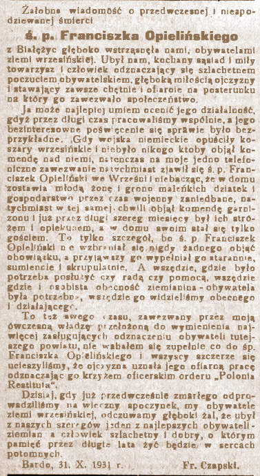 Franciszek Opieliński - Oredownik Wrzesiński nr 129 z 05.11.1931 r.