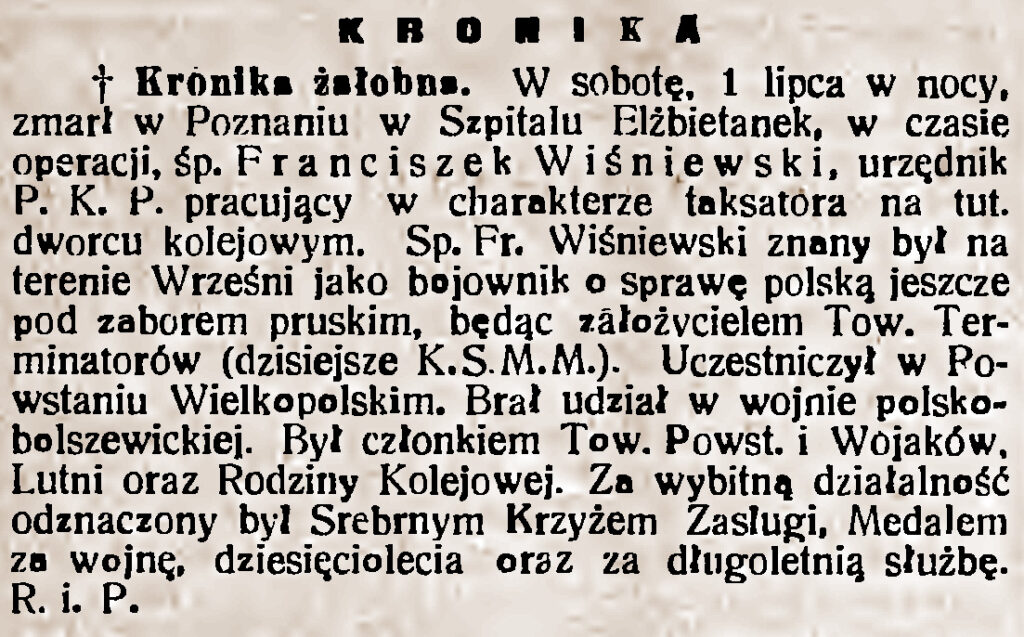 Franciszek Wiśniewski - Orędownik Wrzesiński  nr 75 z 04.07.1939 r.