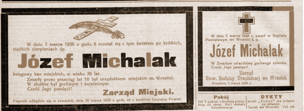 Józef Michalak - Orędownik Wrzesiński  nr 28 z 8.03.1938 r.