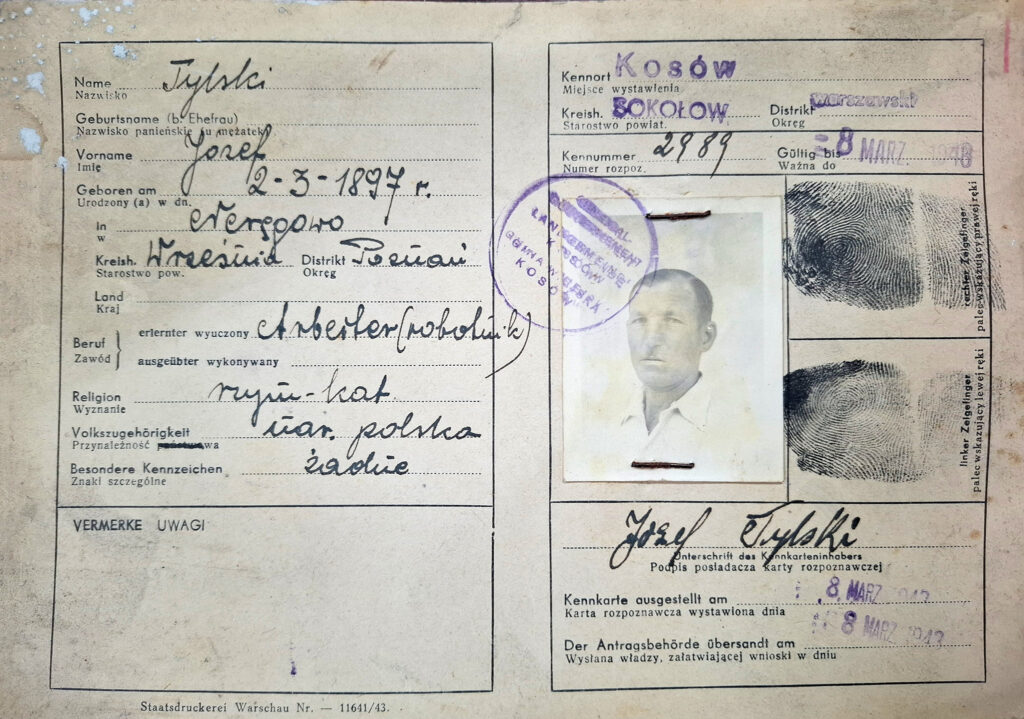 Józef Tylski (źródło: Archiwum Państwowe w Poznaniu Oddział w Gnieźnie, Karty ewidencyjne mieszkańców powiatu wrzesińskiego z okresu II wojny światowej, sygn. 1708, dokument udostępnił Jarosław Dominik Górski)
