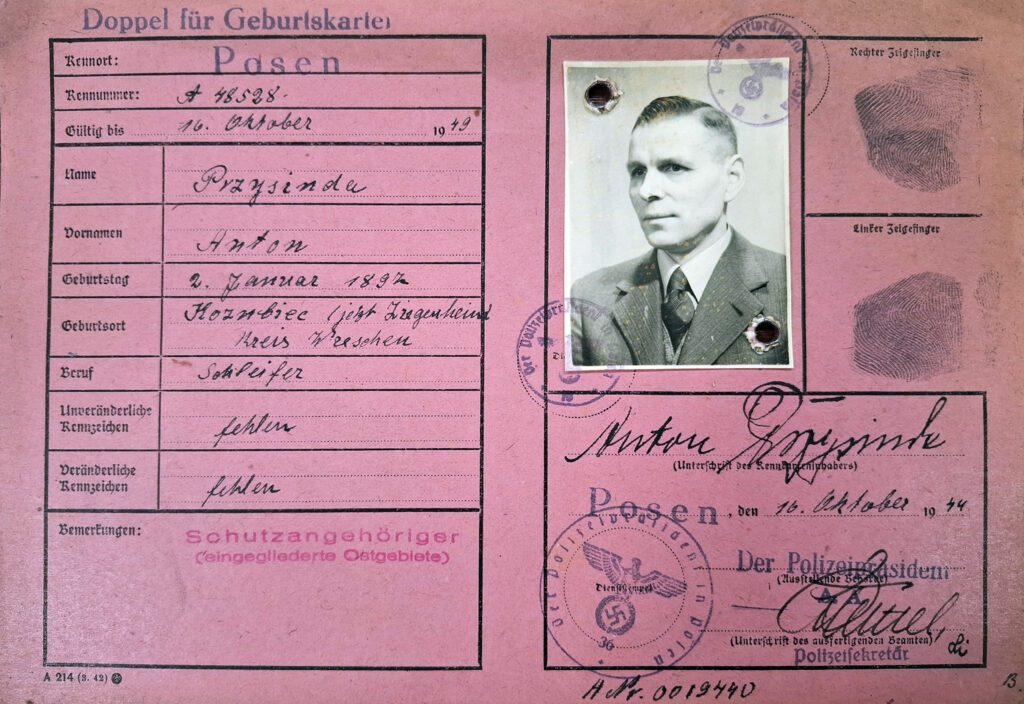 Antoni Przysiuda (źródło: Archiwum Państwowe w Poznaniu Oddział w Gnieźnie, Karty ewidencyjne mieszkańców powiatu wrzesińskiego z okresu II wojny światowej, sygn. 1289, dokument udostępnił Jarosław Dominik Górski)