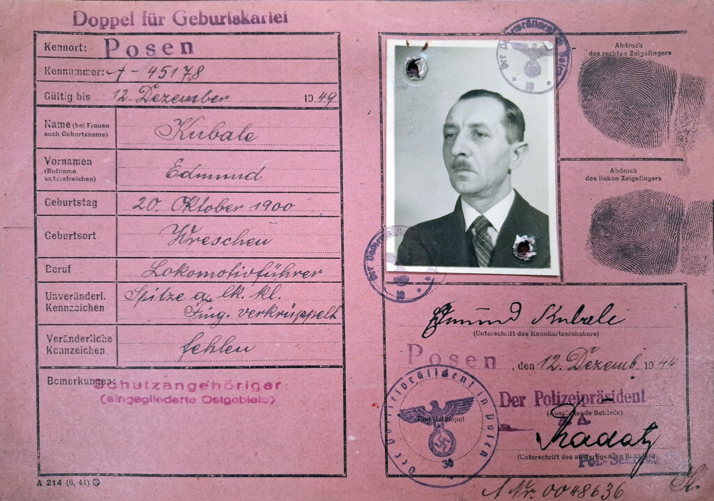 Edmund Kubale (źródło: Archiwum Państwowe w Poznaniu Oddział w Gnieźnie, Karty ewidencyjne mieszkańców powiatu wrzesińskiego z okresu II wojny światowej, sygn. 786, dokument udostępnił Jarosław Dominik Górski)