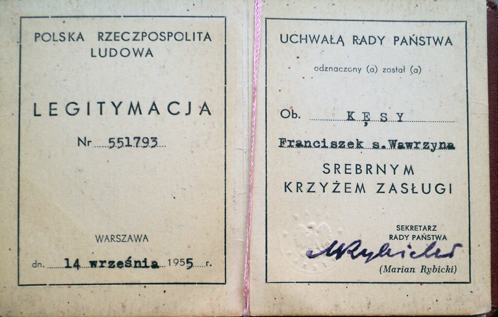 Franciszek Kęsy - srebrny Krzyż Zasługi (dokument udostępnił Krzysztof Nowak)