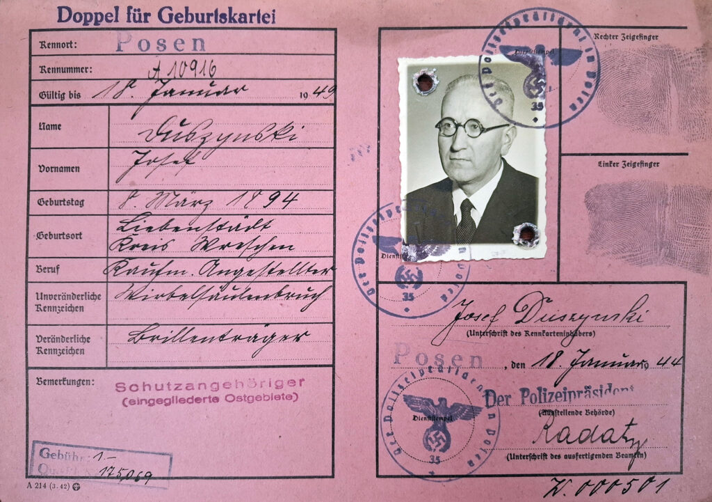 Józef Duszyński (źródło: Archiwum Państwowe w Poznaniu Oddział w Gnieźnie, Karty ewidencyjne mieszkańców powiatu wrzesińskiego z okresu II wojny światowej, sygn. 254, dokument udostępnił Jarosław Dominik Górski)