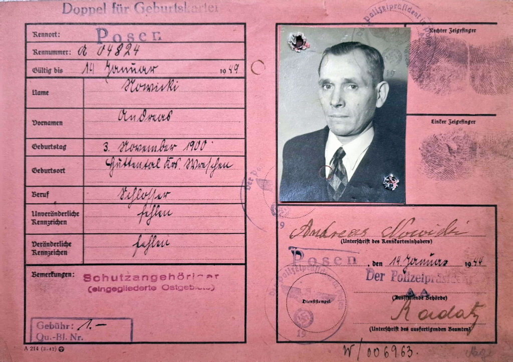 Andrzej Nowicki, źródło: Archiwum Państwowe w Poznaniu Oddział w Gnieźnie, Karty ewidencyjne mieszkańców powiatu wrzesińskiego z okresu II wojny światowej, sygn. 1122 (dokument udostępnił Jarosław Dominik Górski)