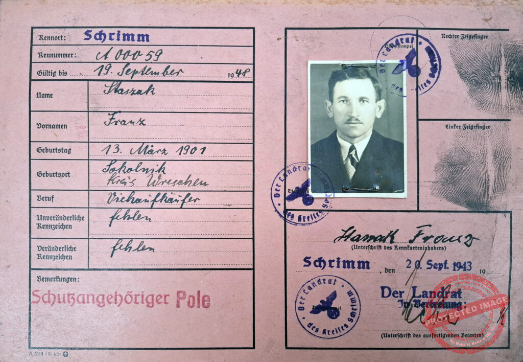 Franciszek Staszak (zdjęcie udostępnił Jarosław Dominik Górski) źródło: Archiwum Państwowe w Poznaniu Oddział w Gnieźnie, Karty ewidencyjne mieszkańców powiatu wrzesińskiego z okresu II wojny światowej, sygn. 1544.