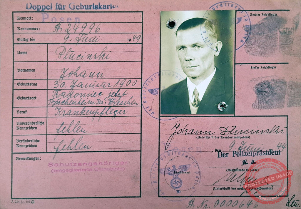 Jan Pluciński (dokument udostępnił Jarosław Dominik Górski), źródło: Archiwum Państwowe w Poznaniu Oddział w Gnieźnie, Karty ewidencyjne mieszkańców powiatu wrzesińskiego z okresu II wojny światowej, sygn. 1245.