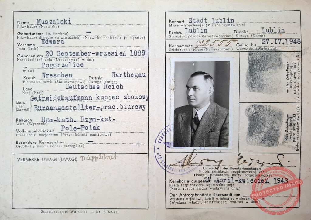Edward Muszalski (zdjęcie udostępnił Jarosław Dominik Górski), źródło: Archiwum Państwowe w Poznaniu Oddział w Gnieźnie, Karty ewidencyjne mieszkańców powiatu wrzesińskiego z okresu II wojny światowej, sygn. 1067.