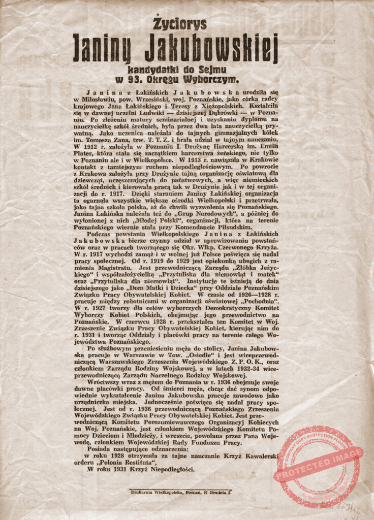 Janina Łakińska Jakubowska - ulotka wyborcza