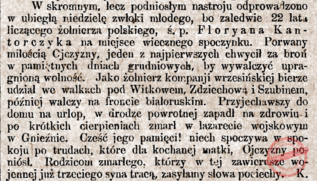 Florian Kantorczyk - Orędownik Wrzesiński  nr 47 z 22.04.1920 r.