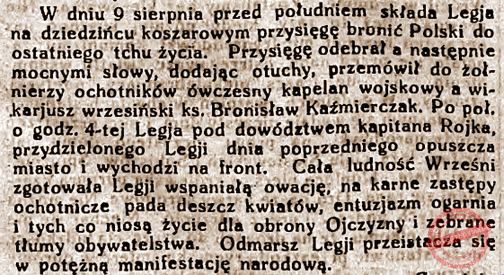 Bronisław Antoni Kaźmierczak - Wymarsz Orędownik Wrzesiński nr 93 z 14.08.1930 r.