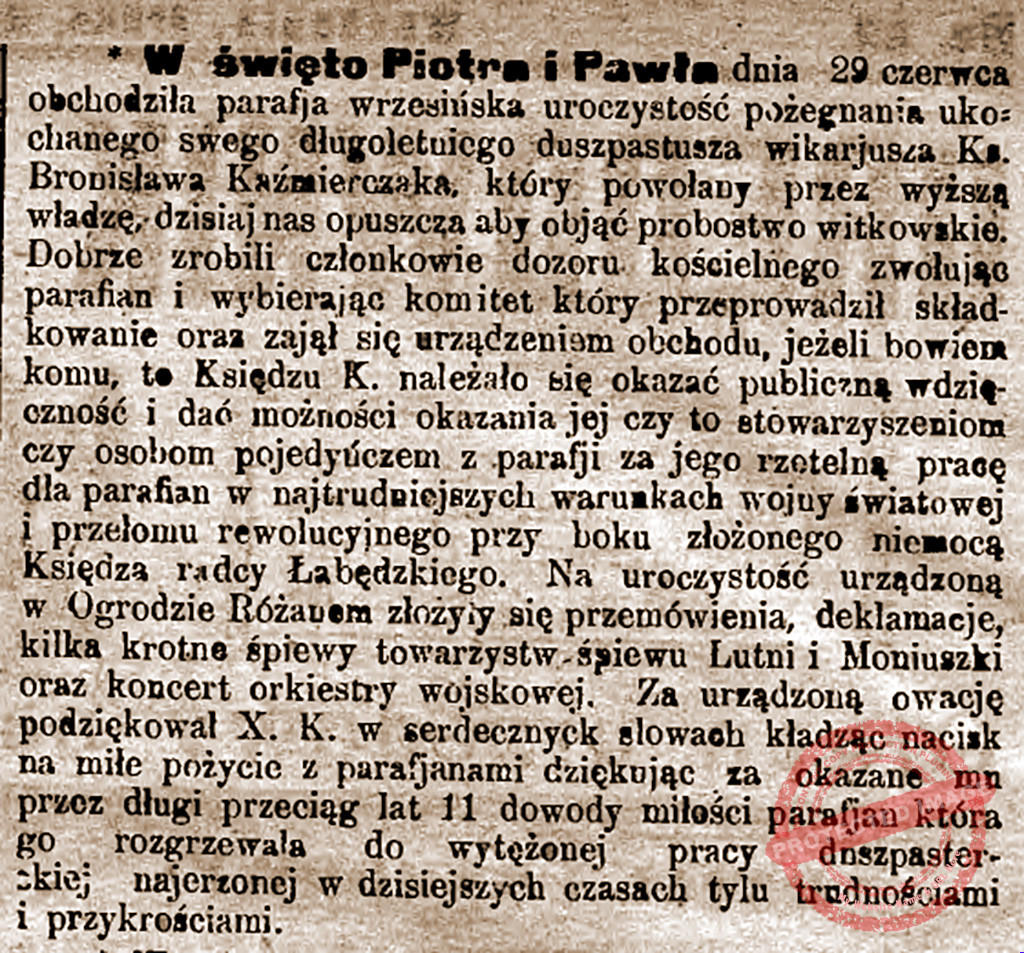 Bronisław Antoni Kaźmierczak - Pożegnanie Orędownik Wrzesiński nr 53 z 06.07.1921 r.