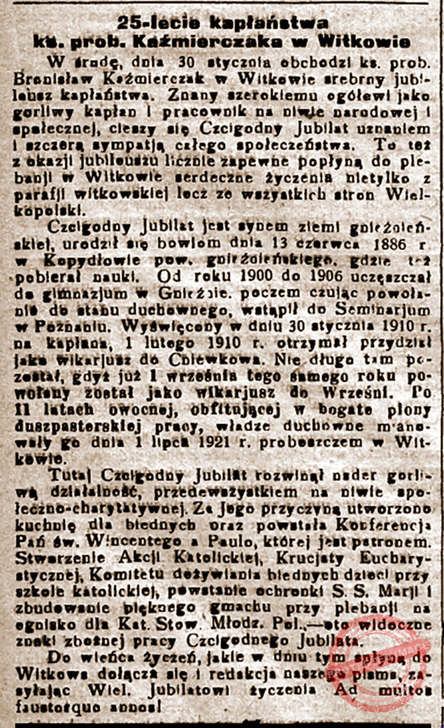 Bronisław Antoni Kaźmierczak - Jubileusz Orędownik Wrzesiński nr 14 z 31.01.1935 r.